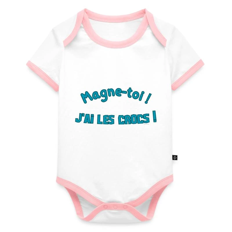 Magne-toi, j’ai les crocs sur Body Bébé bio contrasté manches courtes · blanc/rose 