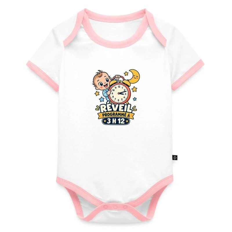 Réveil programmé à 3 h 12 sur Body Bébé bio contrasté manches courtes · blanc/rose 