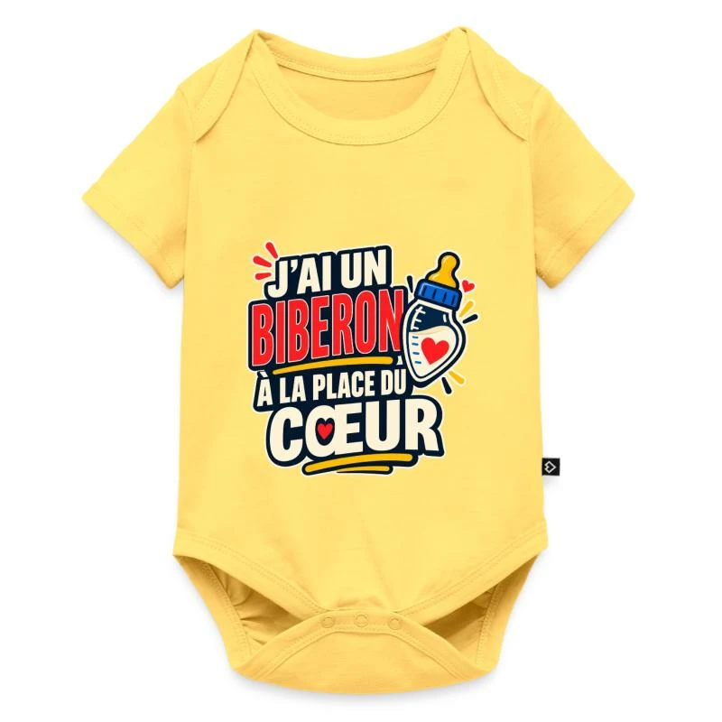 Un biberon à la place du cœur sur Body à manches courtes Premium Bébé · jaune pastel
