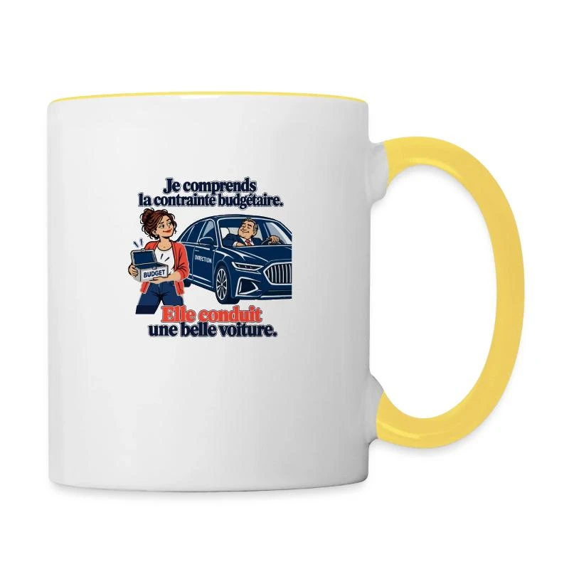 Budget serré, belle voiture de direction sur Mug contrasté · blanc/jaune