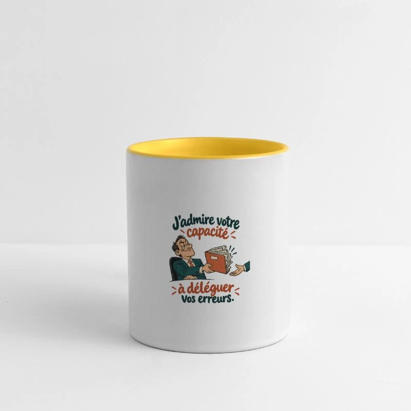 Déléguer ses erreurs, tout un talent sur Mug panoramique contrasté et blanc · blanc/jaune