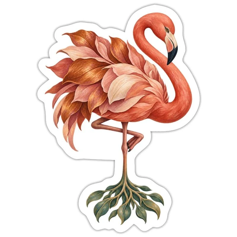 Flamant rose aux plumes et racines végétales sur Sticker taille S (10 x 10 cm) · blanc mat