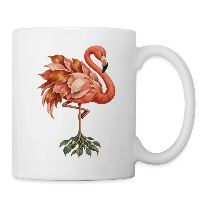 Flamant rose aux plumes et racines végétales sur Mug blanc · blanc