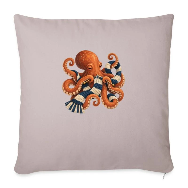 Poulpe tricoteur à l’écharpe rayée sur Housse de coussin décorative 45 x 45 cm · taupe clair