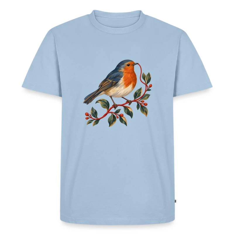 Rouge-gorge couturier au fil rouge sur T-shirt Premium bio Homme · bleu clair