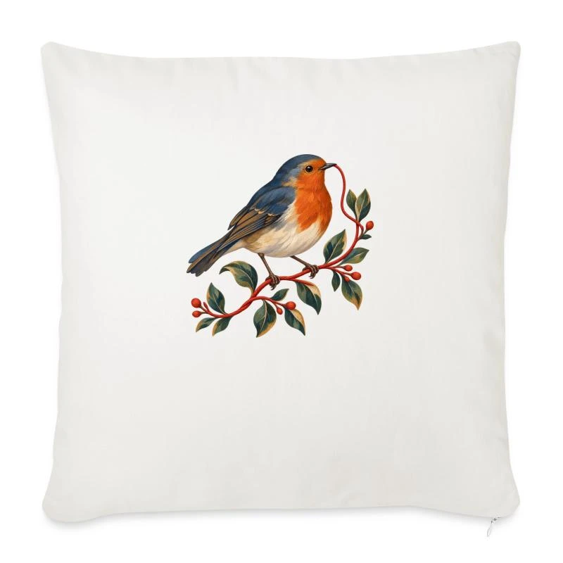Rouge-gorge couturier au fil rouge sur Housse de coussin décorative 45 x 45 cm · blanc nature