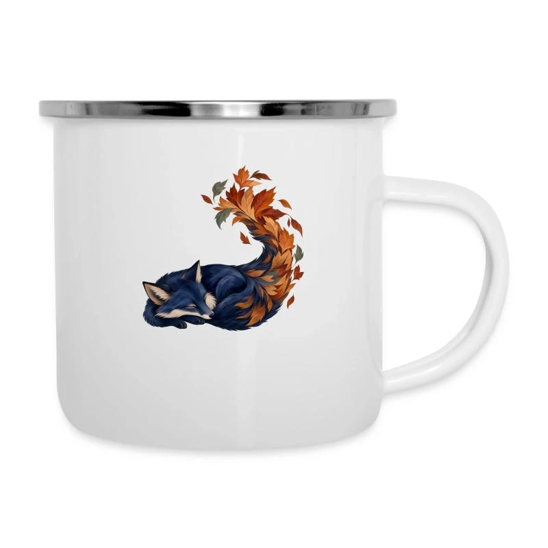 Renard bleu endormi aux feuilles d’automne sur Tasse émaillée · blanc