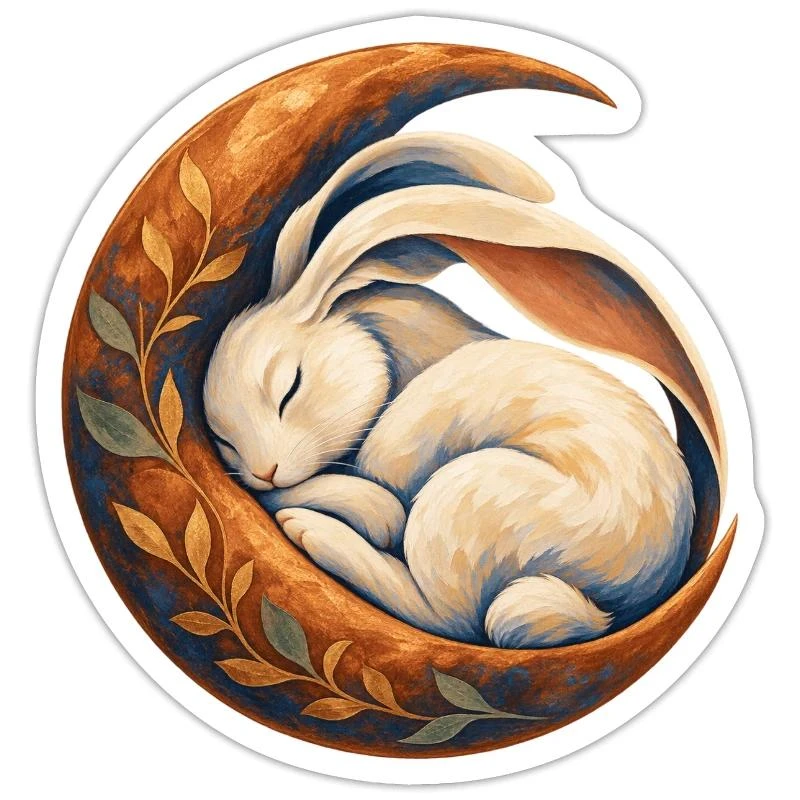 Lapin endormi dans un croissant de lune sur Sticker taille S (10 x 10 cm) · blanc mat