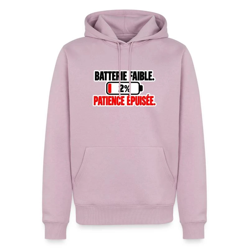 Batterie faible, patience épuisée sur Sweat à capuche Premium bio Homme · rose poudré