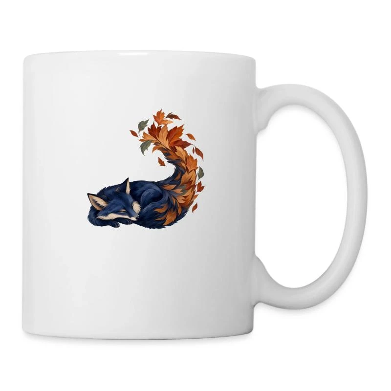 Renard bleu endormi aux feuilles d’automne sur Mug blanc · blanc