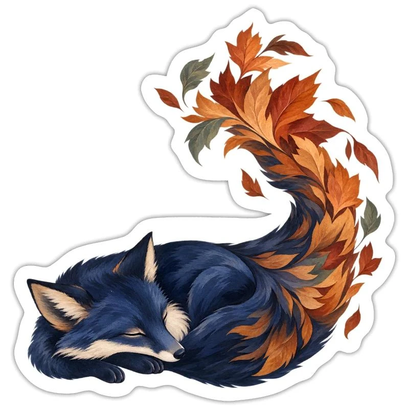 Renard bleu endormi aux feuilles d’automne sur Sticker taille S (10 x 10 cm) · blanc mat