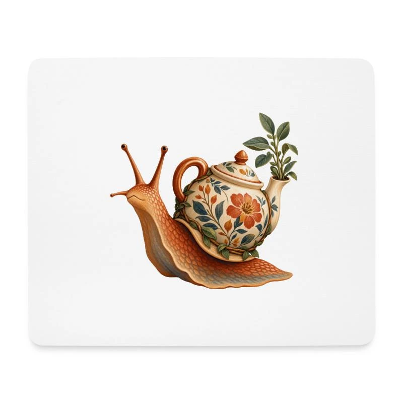 Escargot nomade à la théière fleurie sur Tapis de souris (format paysage) · blanc
