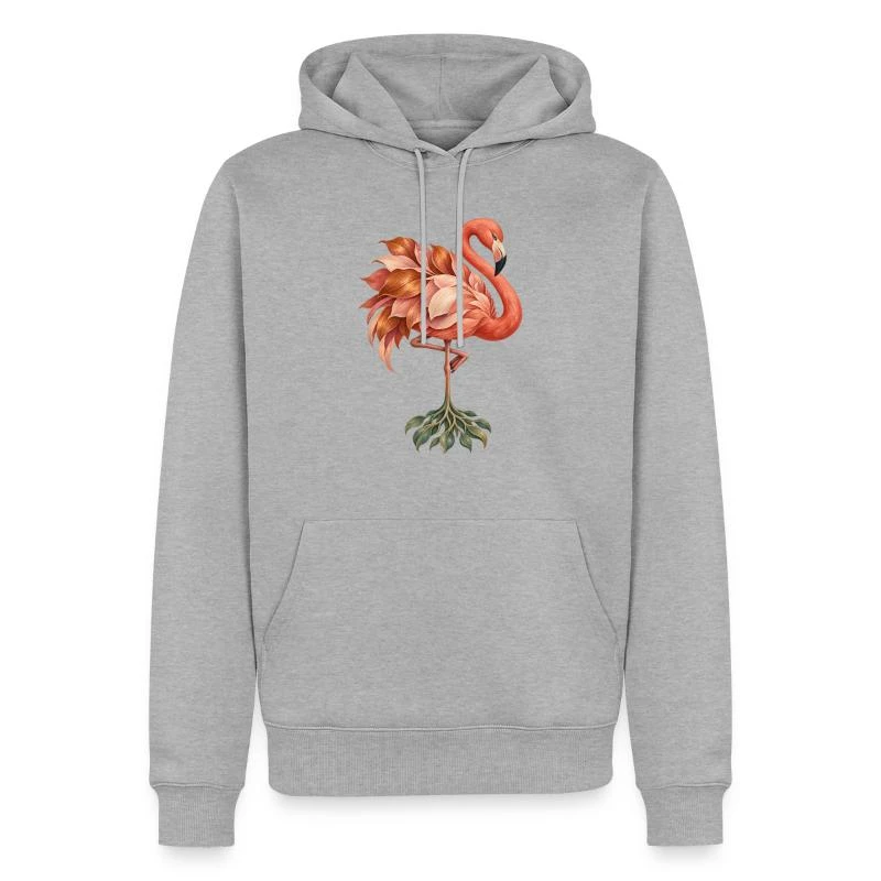 Flamant rose aux plumes et racines végétales sur Sweat à capuche Premium bio Homme · gris chiné