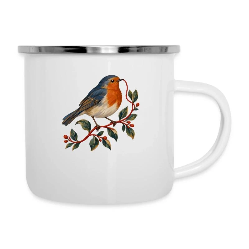 Rouge-gorge couturier au fil rouge sur Tasse émaillée · blanc