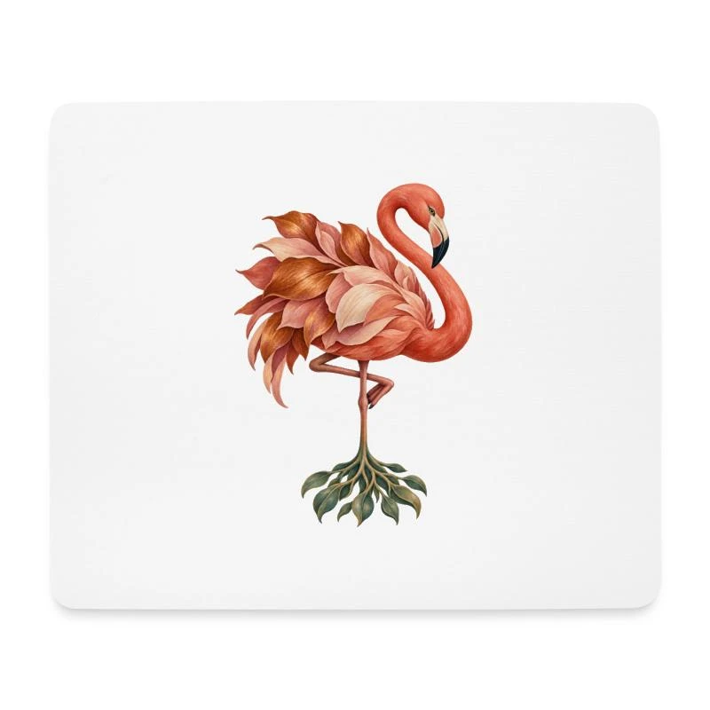 Flamant rose aux plumes et racines végétales sur Tapis de souris (format paysage) · blanc