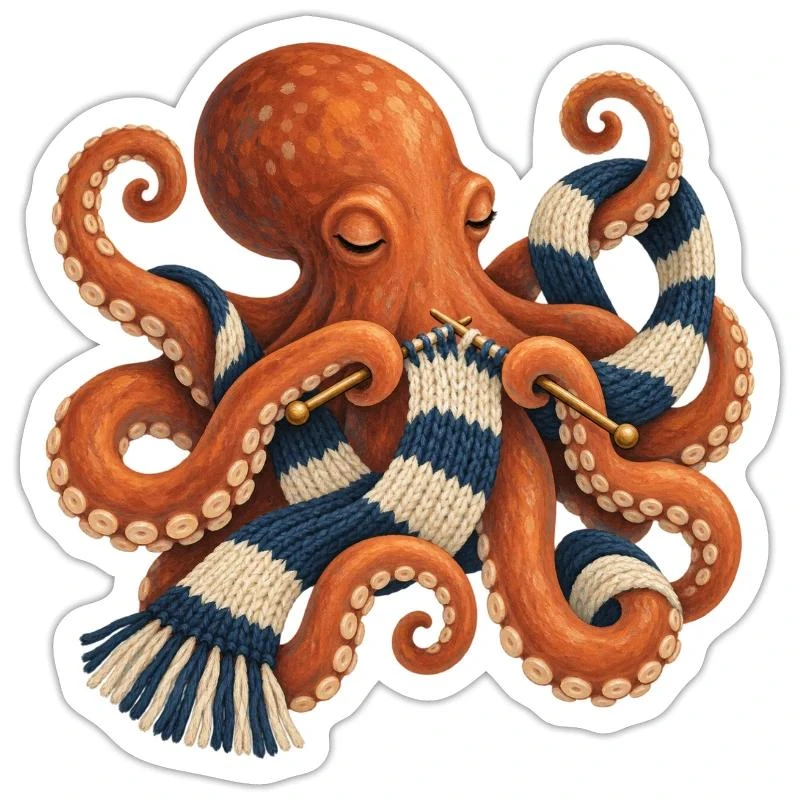 Poulpe tricoteur à l’écharpe rayée sur Sticker taille S (10 x 10 cm) · blanc mat
