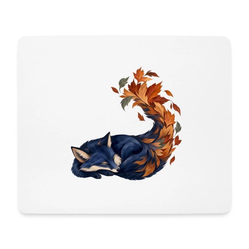 Renard bleu endormi aux feuilles d’automne sur Tapis de souris (format paysage) · blanc