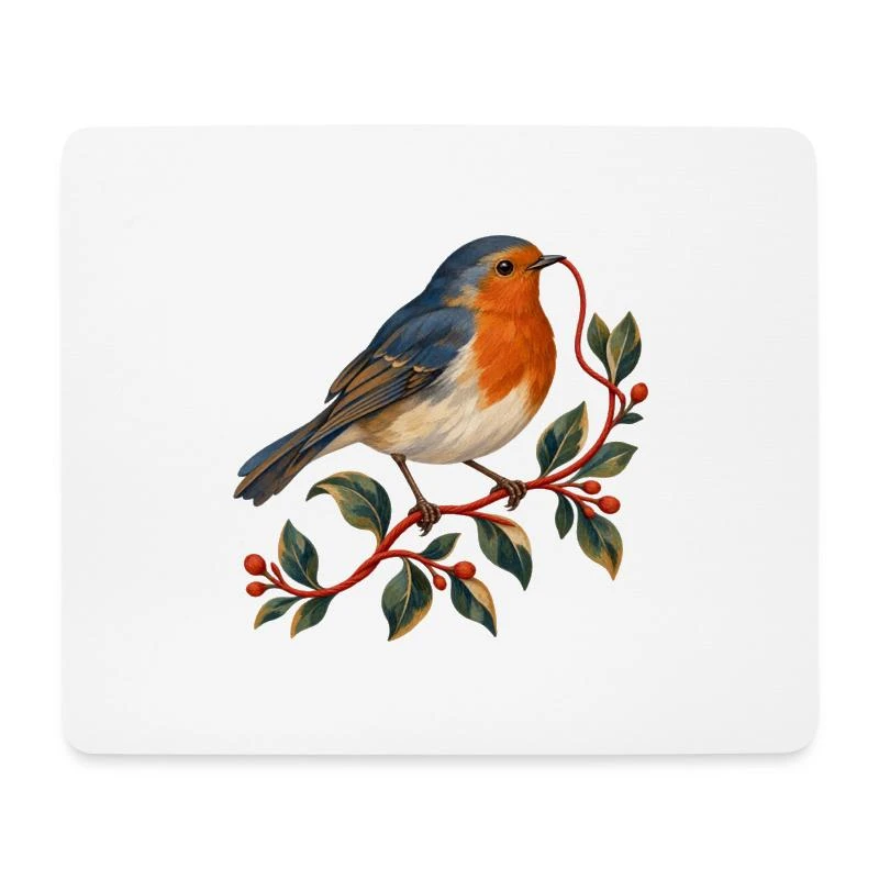 Rouge-gorge couturier au fil rouge sur Tapis de souris (format paysage) · blanc