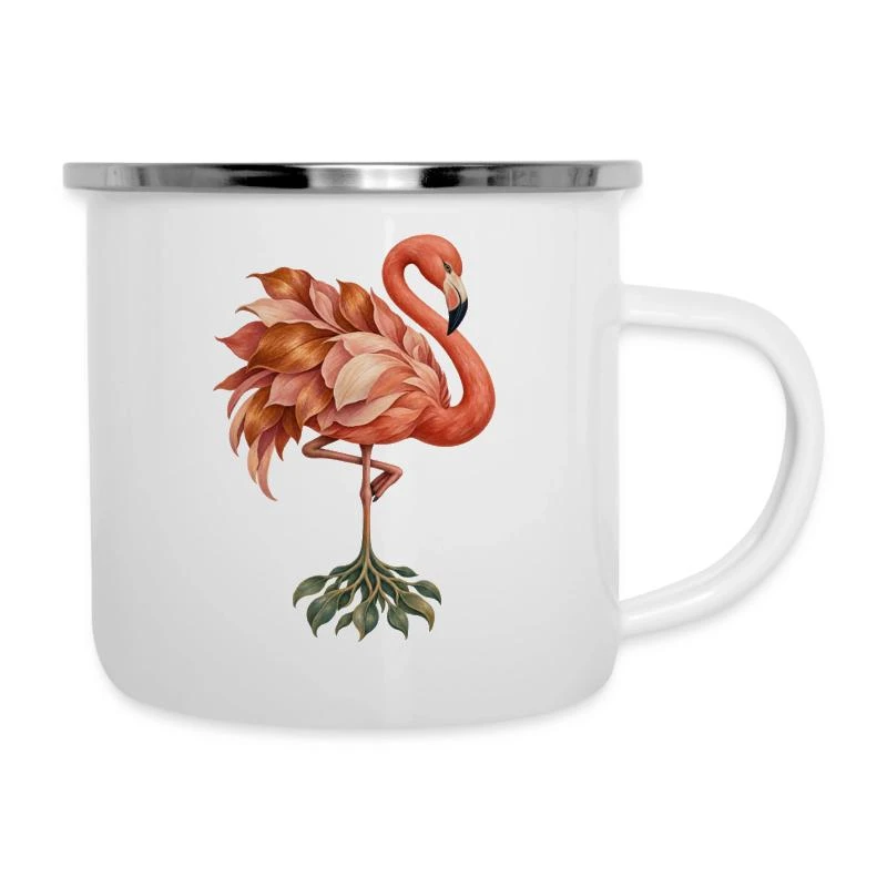 Flamant rose aux plumes et racines végétales sur Tasse émaillée · blanc