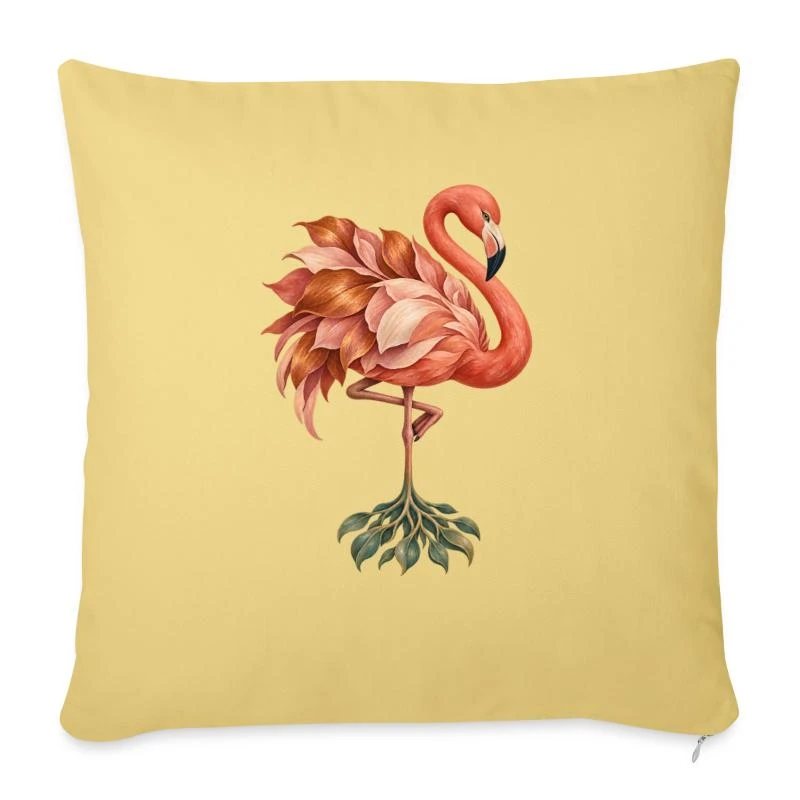 Flamant rose aux plumes et racines végétales sur Housse de coussin décorative 45 x 45 cm · jaune délavé