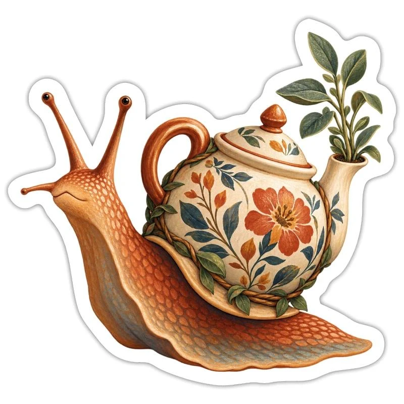 Escargot nomade à la théière fleurie sur Sticker taille S (10 x 10 cm) · blanc mat