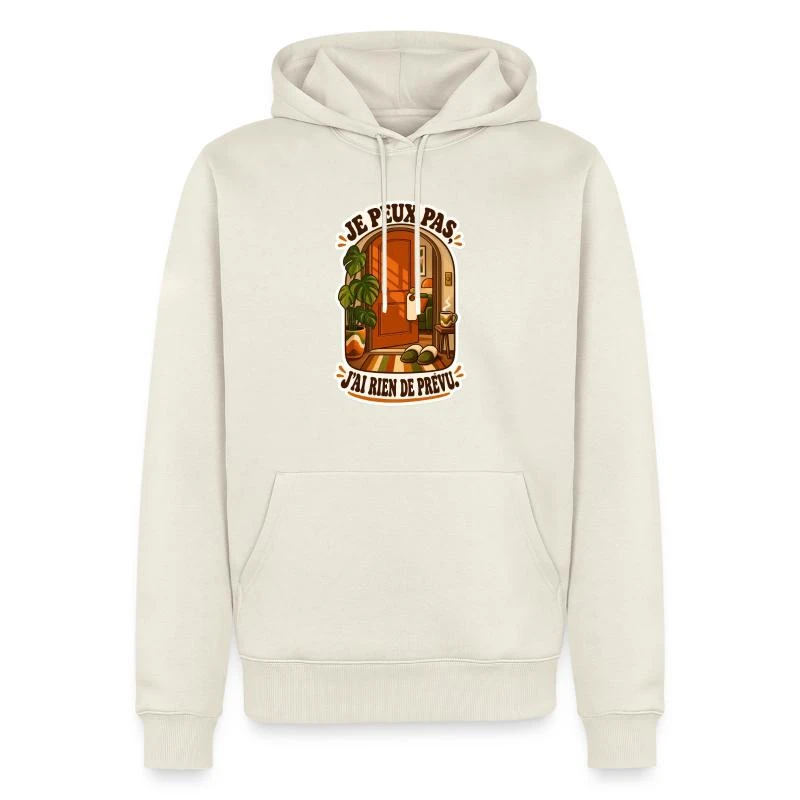 Je peux pas, j’ai rien de prévu sur Sweat à capuche Premium bio Homme · blanc cassé