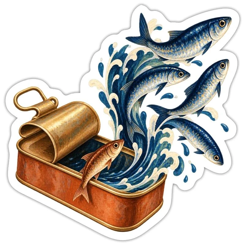 Sardines évadées dans les vagues sur Sticker taille S (10 x 10 cm) · blanc mat