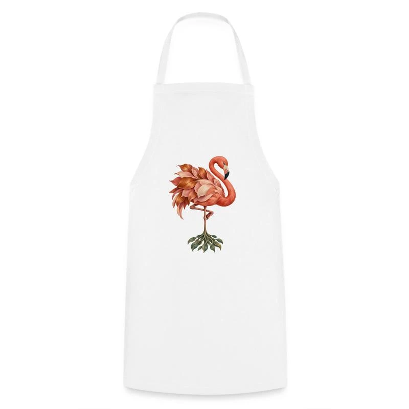 Flamant rose aux plumes et racines végétales sur Tablier de cuisine · blanc