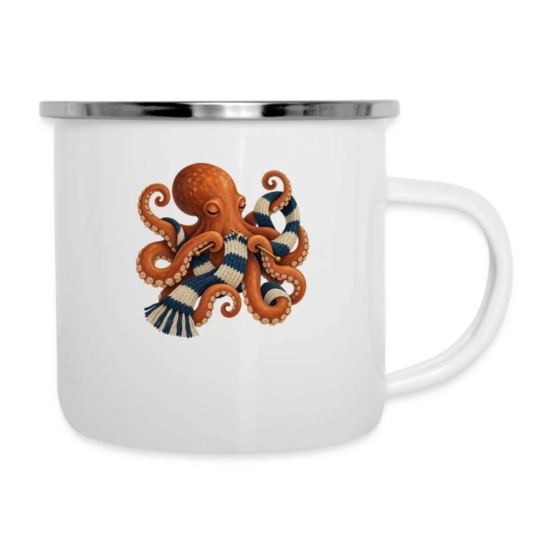 Poulpe tricoteur à l’écharpe rayée sur Tasse émaillée · blanc