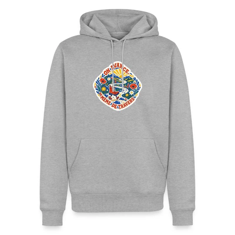 On avance, même de travers sur Sweat à capuche Premium bio Homme · gris chiné