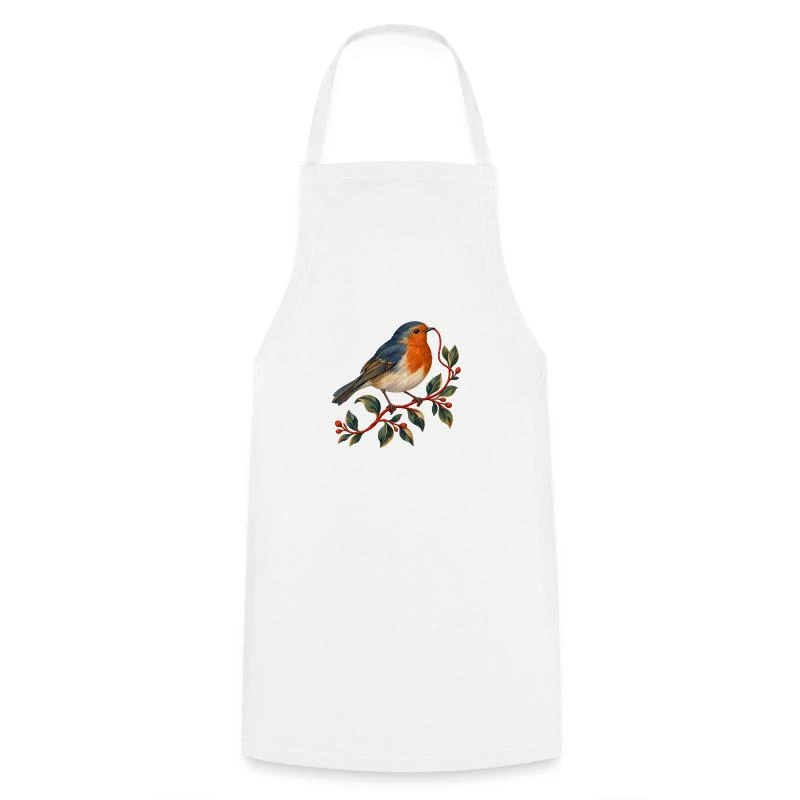 Rouge-gorge couturier au fil rouge sur Tablier de cuisine · blanc