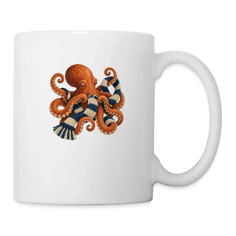 Poulpe tricoteur à l’écharpe rayée sur Mug blanc · blanc