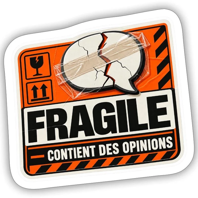 Fragile : contient des opinions sur Sticker taille S (10 x 10 cm) · blanc mat