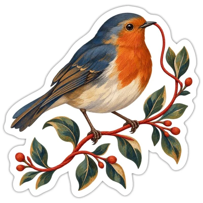 Rouge-gorge couturier au fil rouge sur Sticker taille S (10 x 10 cm) · blanc mat