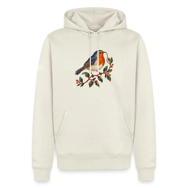 Rouge-gorge couturier au fil rouge sur Sweat à capuche Premium bio Homme · blanc cassé