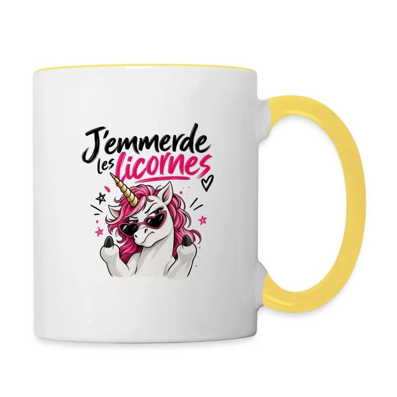 J’emmerde les licornes sur Mug contrasté · blanc/jaune