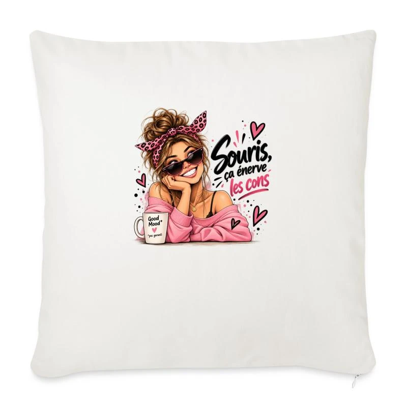 Souris, ça énerve les cons. sur Housse de coussin décorative 45 x 45 cm · blanc nature