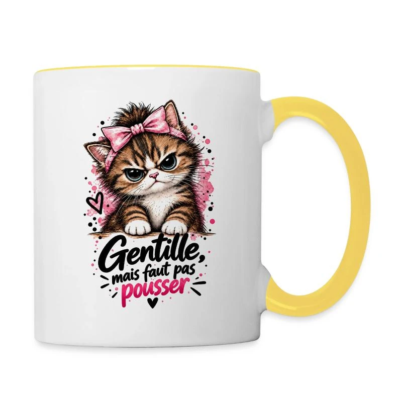 Gentille, mais faut pas pousser — Chaton sur Mug contrasté · blanc/jaune