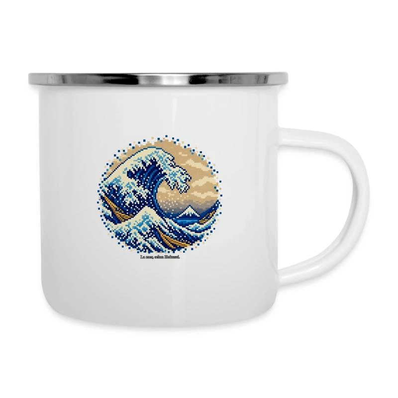 La Grande Vague en pixel art sur Tasse émaillée · blanc