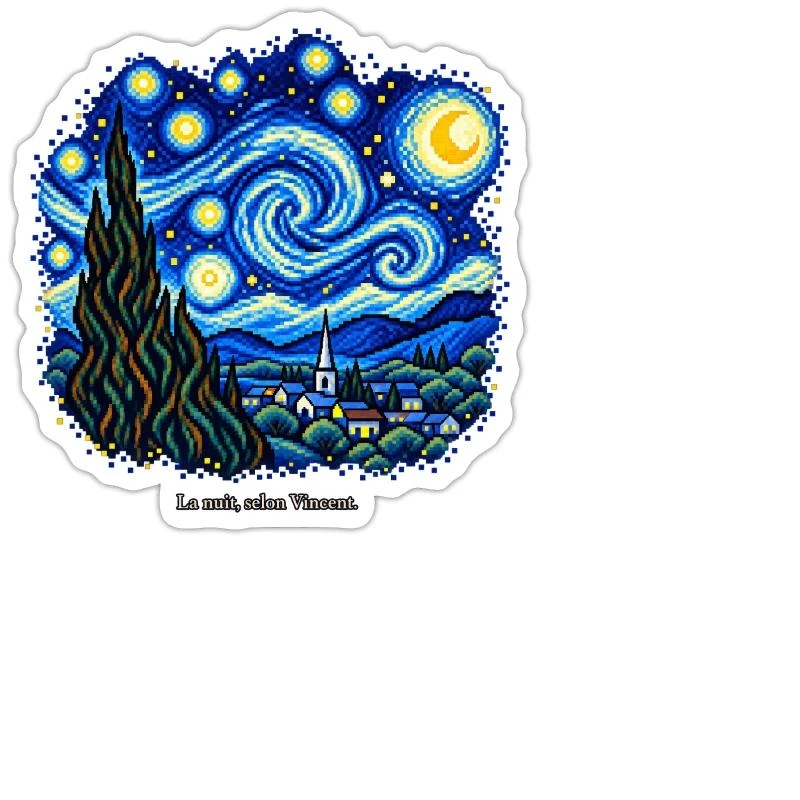 La Nuit étoilée en pixel art sur Sticker — taille M · blanc mat