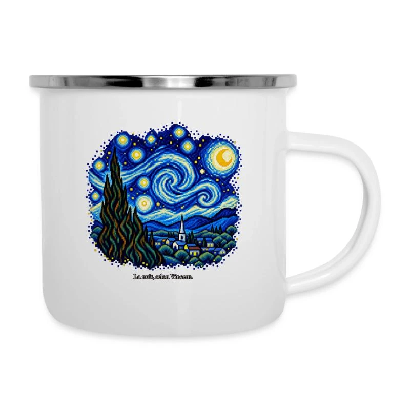 La Nuit étoilée en pixel art sur Tasse émaillée · blanc