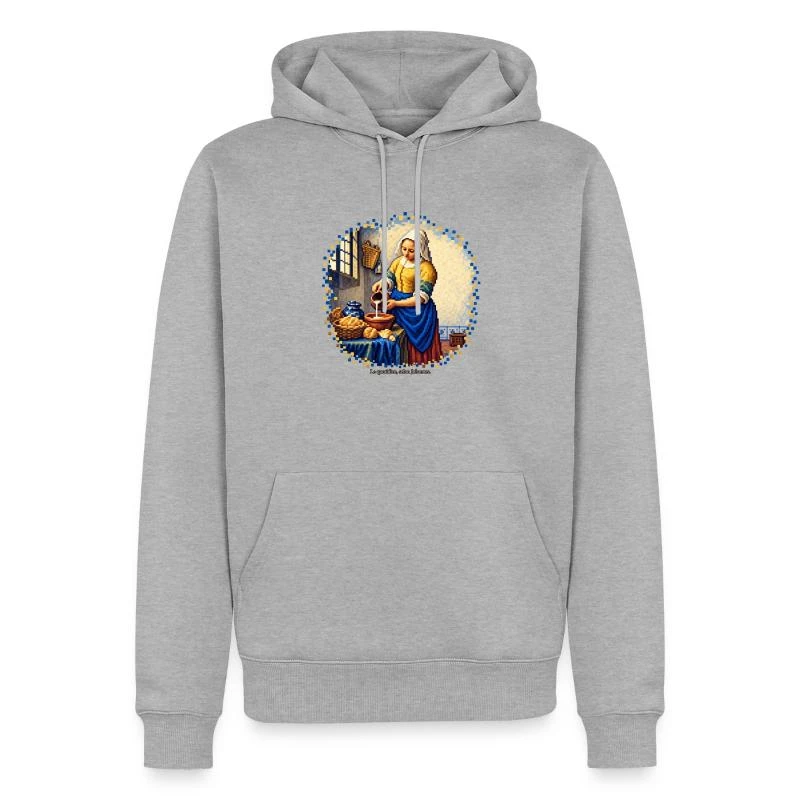 La Laitière en pixel art - Vermeer sur Sweat à capuche Premium bio Homme · gris chiné