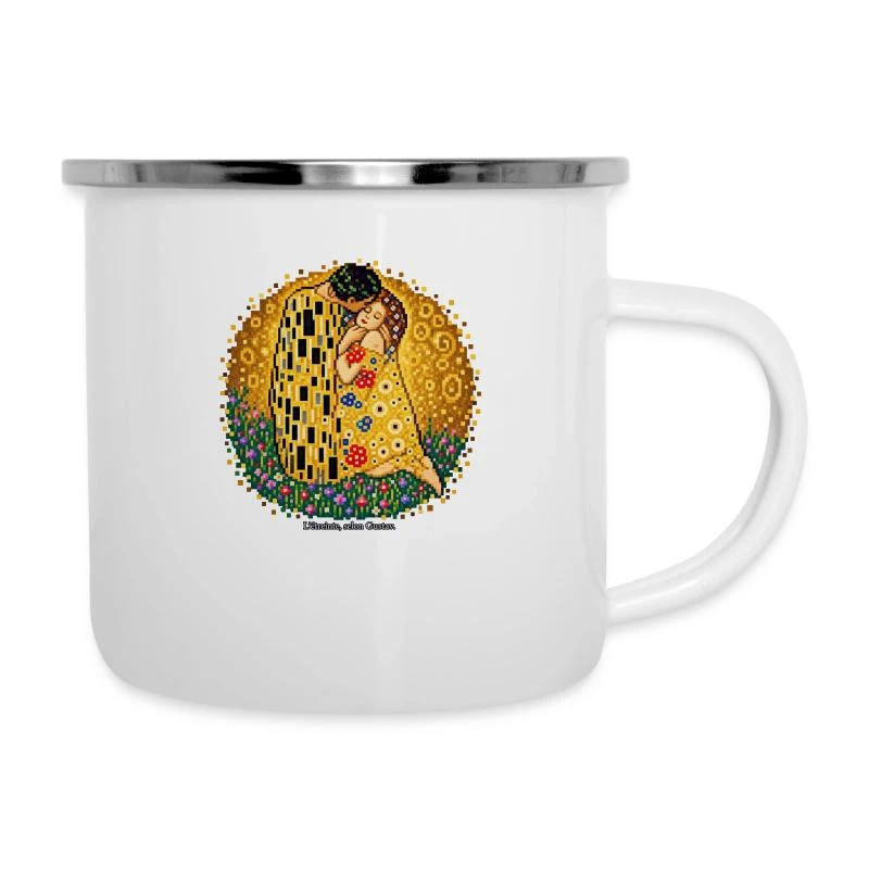 Le Baiser en pixel art - Gustav Klimt sur Tasse émaillée · blanc