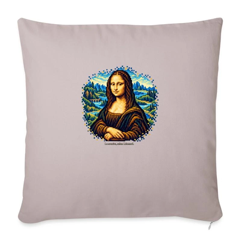 La Joconde en pixel art sur Housse de coussin décorative 45 x 45 cm · taupe clair