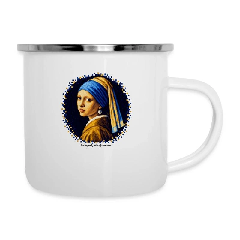 La Jeune Fille à la perle en pixel art - Vermeer sur Tasse émaillée · blanc
