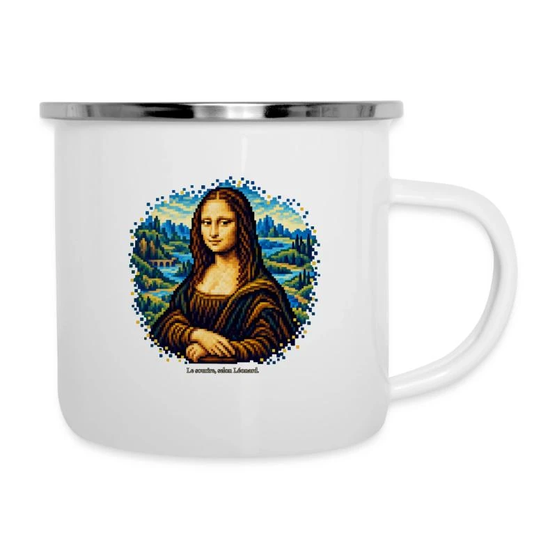 La Joconde en pixel art sur Tasse émaillée · blanc