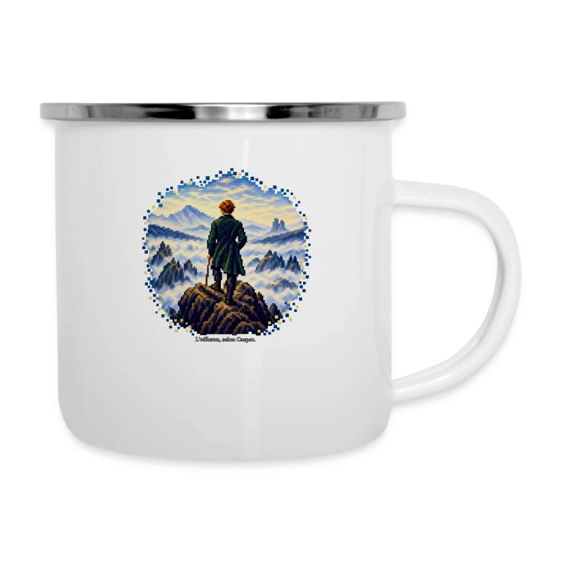 Le Voyageur en pixel art - Caspar Friedrich sur Tasse émaillée · blanc