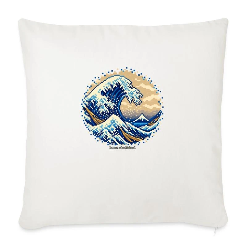 La Grande Vague en pixel art sur Housse de coussin décorative 45 x 45 cm · blanc nature