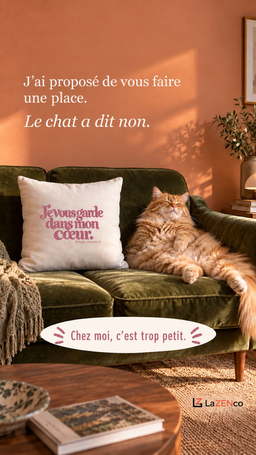 Un chat occupe le canapé près du coussin Je vous garde dans mon cœur. Chez moi, c’est trop petit.