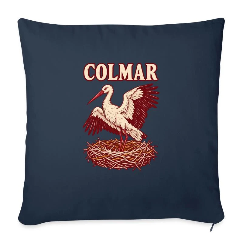 Colmar, cigogne au nid — Housse de coussin décorative 45 x 45 cm, bleu marine